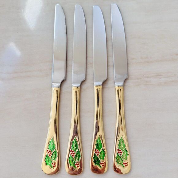 4pc CAMBRIDGE Dinner Knife 9” Gold Electroplate Holly Berry Christmas Japan - Picture 1 of 9